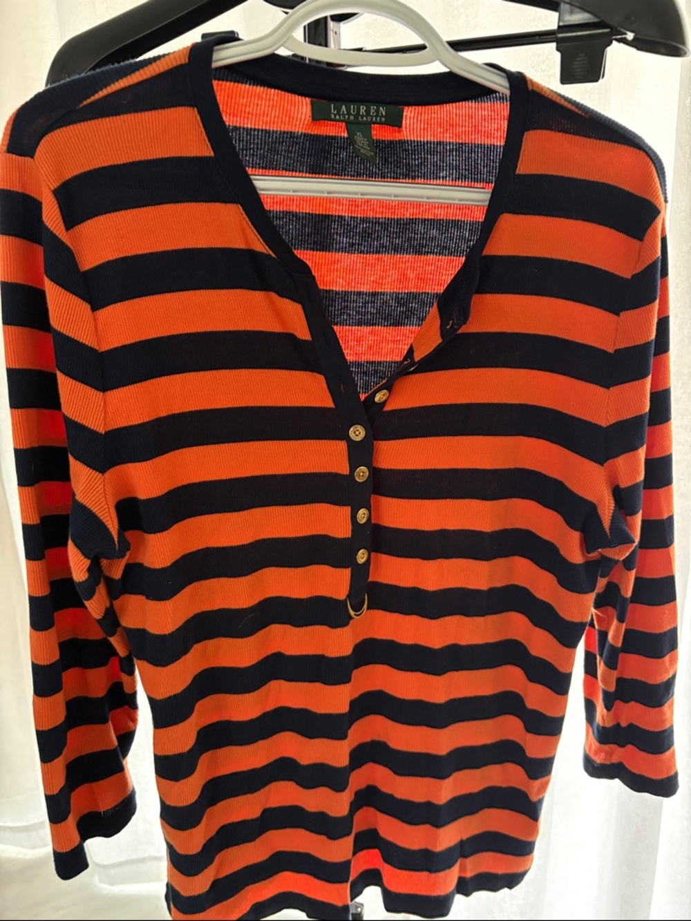 Lauren Ralph Lauren Orange and Navy Striped cotton Henley Top